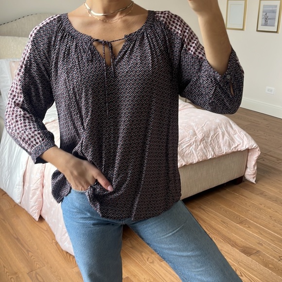 Loft Mixed Geo Peasant Blouse Brown Tile Floral -  size medium - Picture 5 of 16